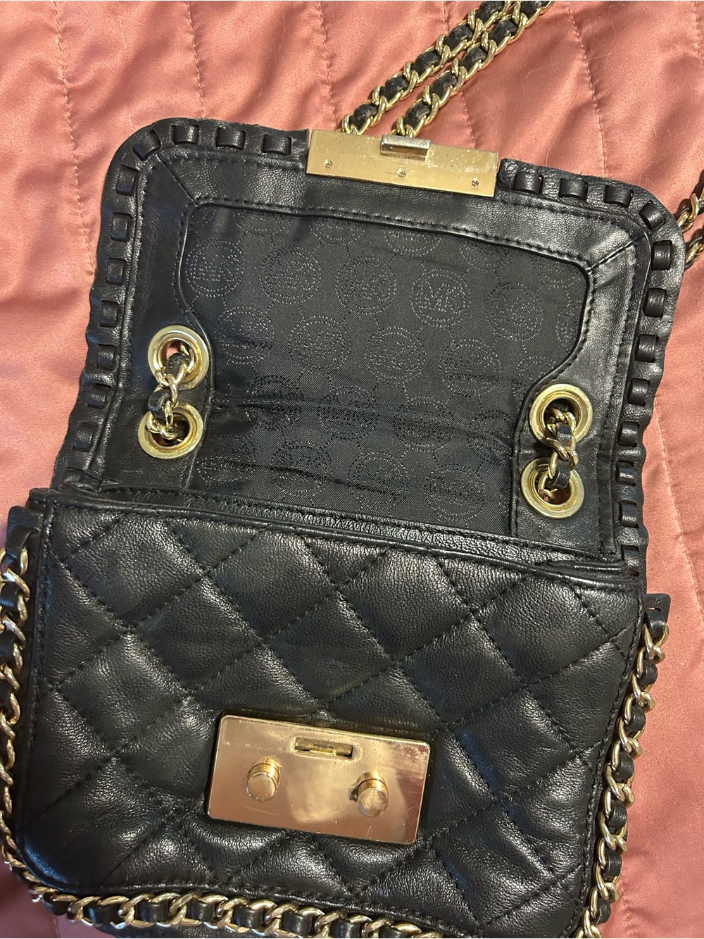 Michael Kors Black Quilted Crossbody with Gold Chain Trim